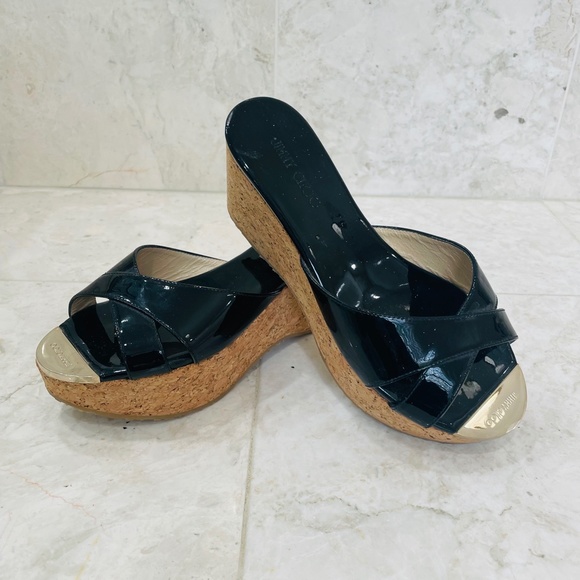 Jimmy Choo Shoes - JIMMY CHOO {38} Black Patent Leather Slide Cork Heel